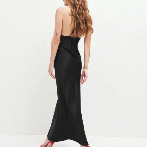 NWT Reformation Madrigal Satin Dress in Black Ruffle Maxi V-Neckline - Picture 3 of 6